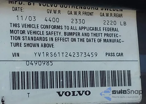 2004 Volvo S60 2.4 из США, поврежденный, VIN YV1RS61T242373459